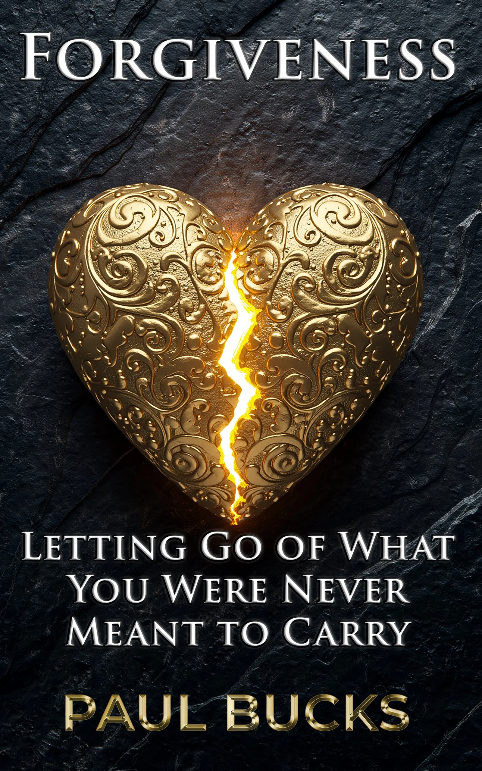 A book cover featuring a broken heart with ornate gold patterns, glowing crack, and text with the title, subtitle, and author name.