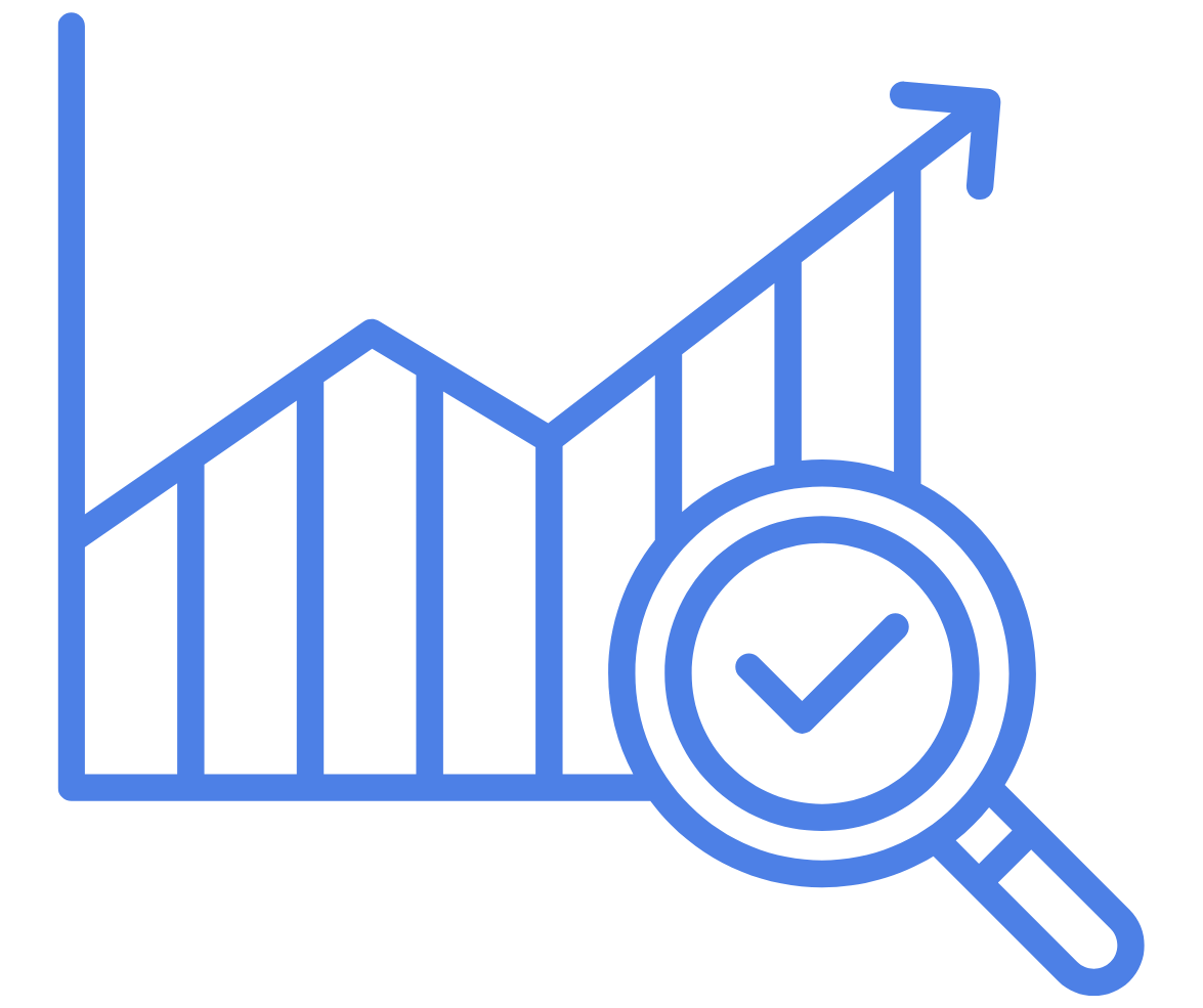 Icon of a chart with upward trend and magnifying glass