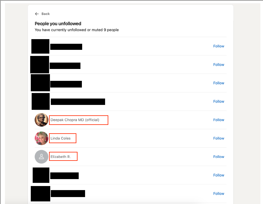 Unfollowed accounts on my old LinkedIn that I never followed