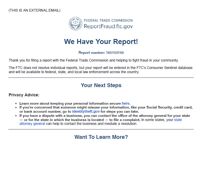 1st report with the FTC for wire fraud