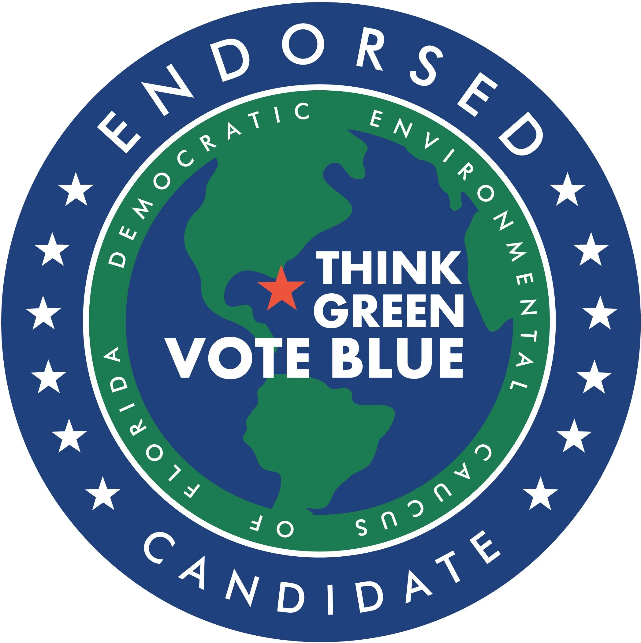 Circular logo with blue outer ring featuring white stars and white text, a green inner ring with white text, and a central green and blue map outline of the Americas with a red star at the southern tip. The text reads 'Endorsed by the Green Party and Vote Blue. Think Green.'
