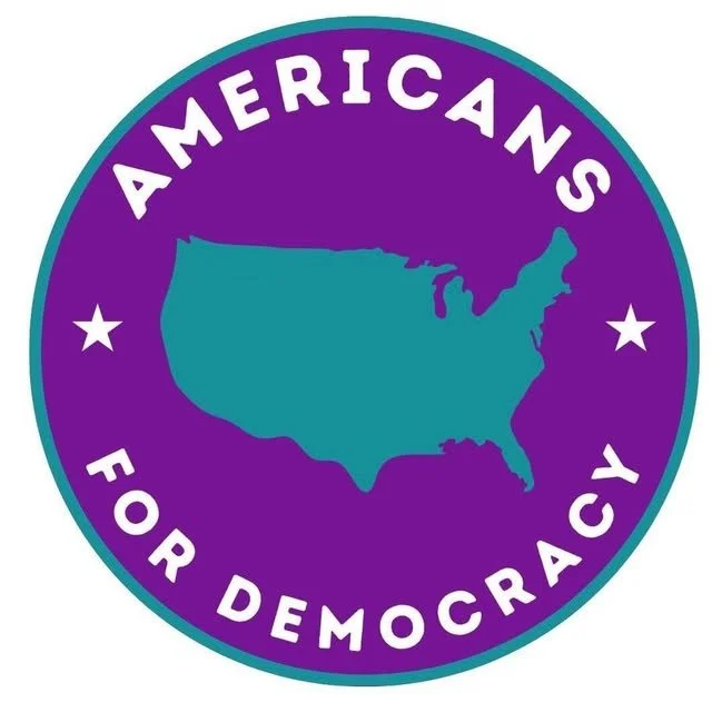 Americans for Democracy logo featuring a teal outline, purple circular background, teal map of the United States, and white text reading “Americans for Democracy.