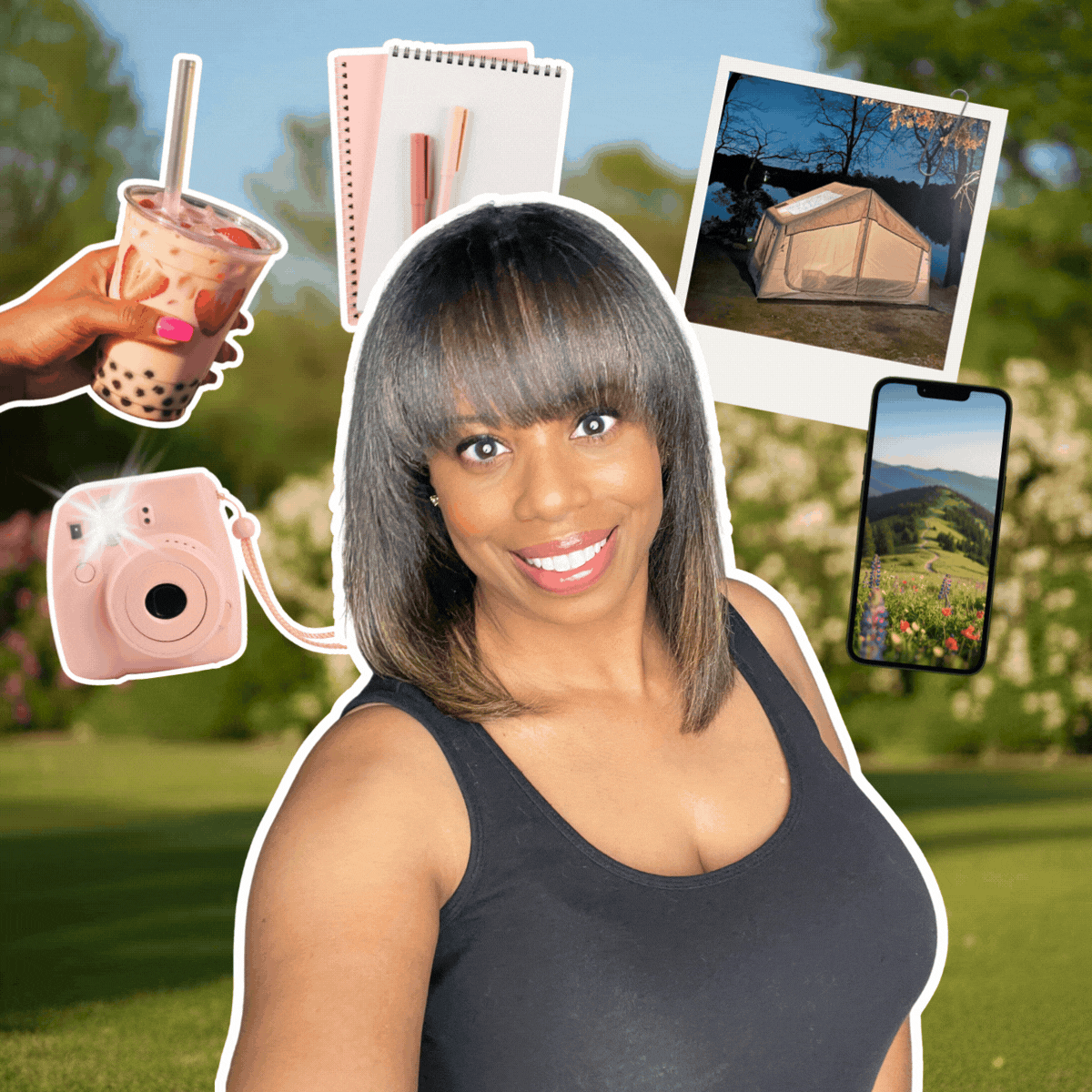 A woman smiling outdoors with various items floating around her, including a cup of bubble tea, a pink instant camera, notebooks with pens, a camping tent, a smartphone displaying a mountain landscape, and a Polaroid photo of the tent at dusk.