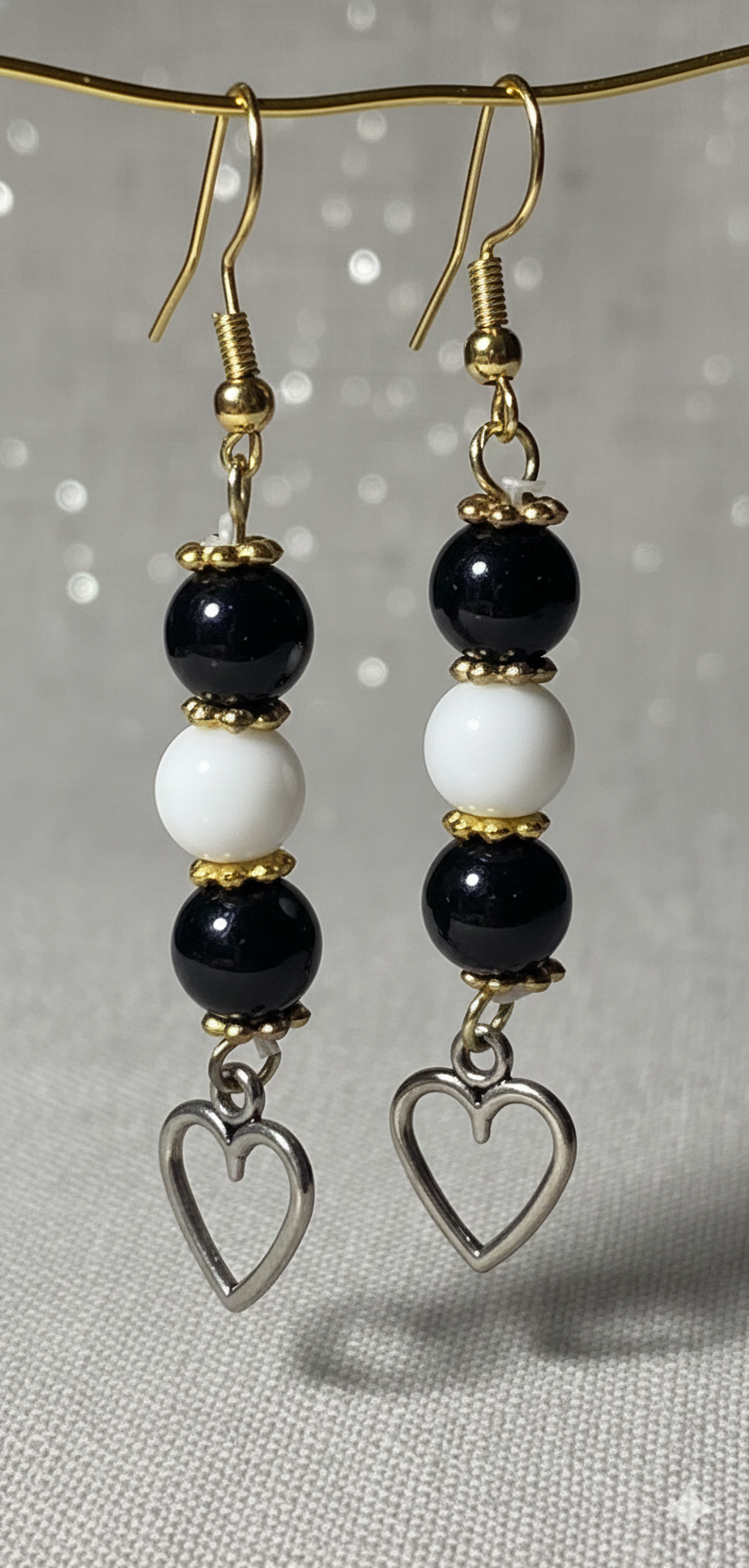 Black & White Tiered Bead Earrings with Silver Heart Charms