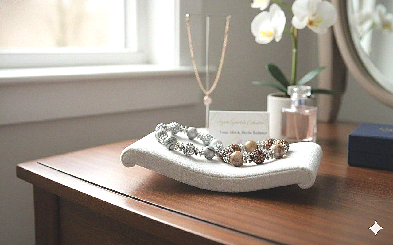 The Azure Sparkle Duo: Lunar Mist & Mocha Radiance by Earth Candy Creations: Artisanal Adornments for the Modern Soul. Handcrafted Glass and Stone Jewelry