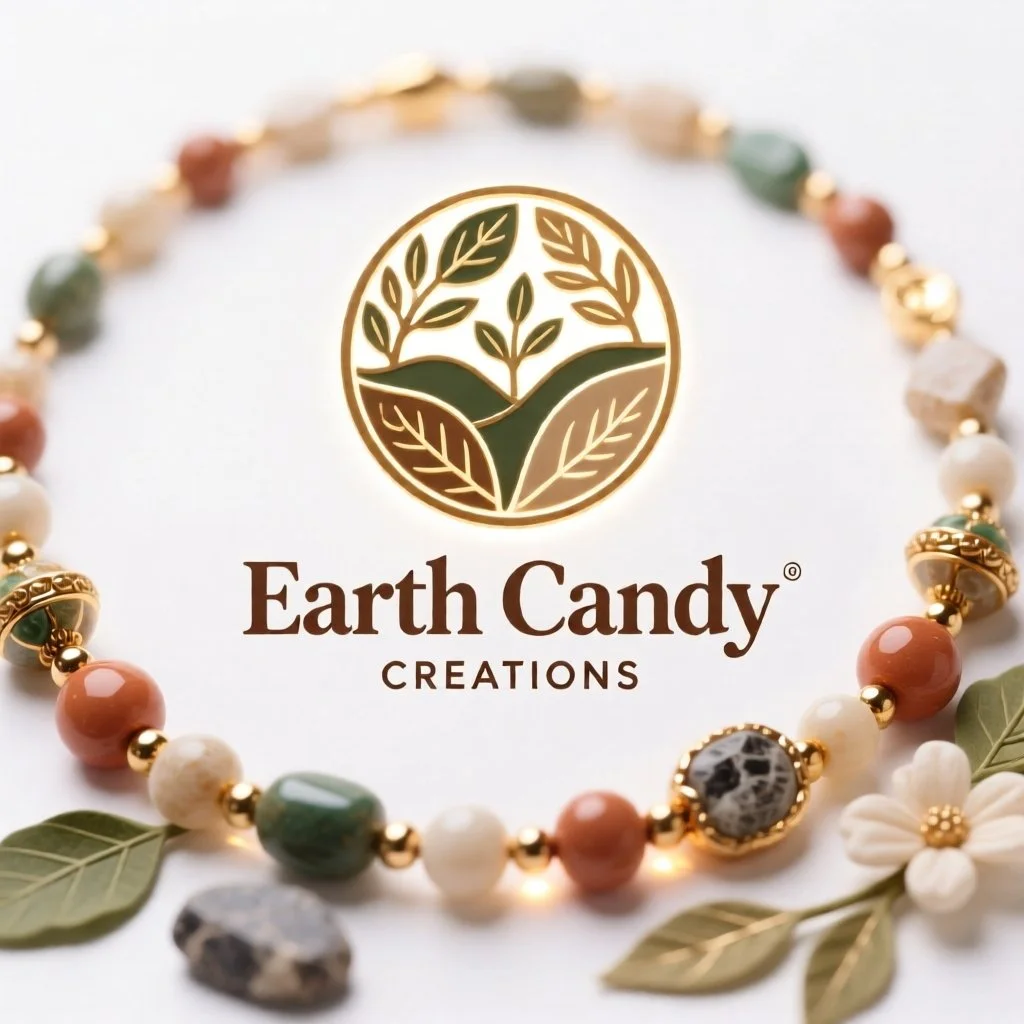 A jewelry piece from Earth Candy Creations featuring a beaded bracelet with multicolored beads, gold accents, green leaves, and a small white flower, surrounding the company's logo with a tree inside a circle.