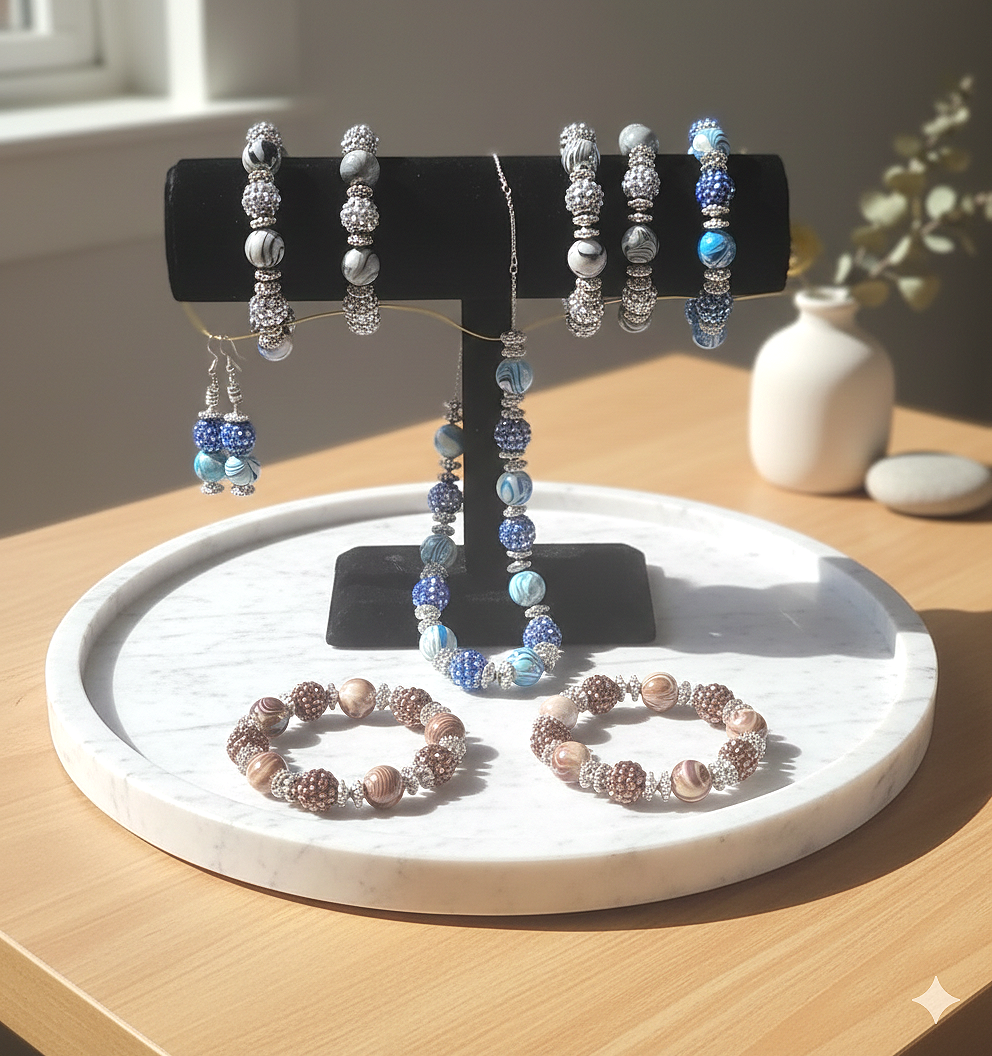 The Azure Sparkle Duo: Lunar Mist & Mocha Radiance by Earth Candy Creations: Artisanal Adornments for the Modern Soul. Handcrafted Glass and Stone Jewelry