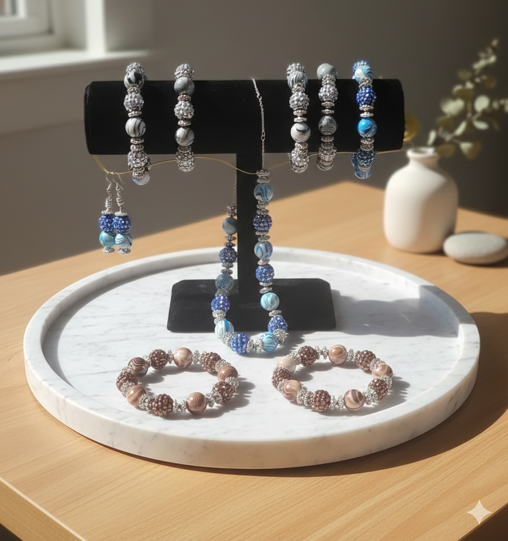 Welcome to the Azure Sparkle Collection Elements of Sparkle: Artisan Beaded Stretch Bracelets by- Earth Candy Creations: Artisanal Adornments for the Modern Soul. Handcrafted Glass and Stone Jewelry