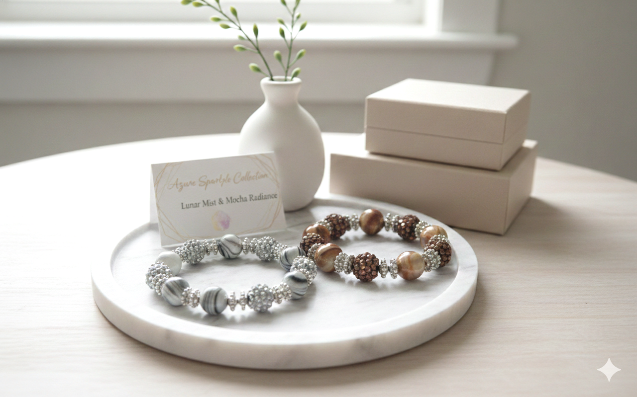 The Azure Sparkle Duo: Lunar Mist & Mocha Radiance by Earth Candy Creations: Artisanal Adornments for the Modern Soul. Handcrafted Glass and Stone Jewelry