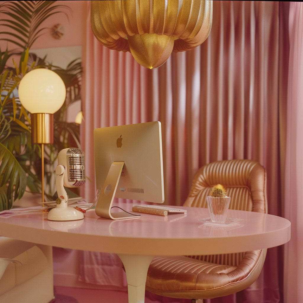 A pink desk with a vintage microphone, an Apple computer, a small potted cactus, and a large gold/bronze balloon overhead. There is a modern pink lamp and pink curtains in the background, along with a pink chair with a rounded back.