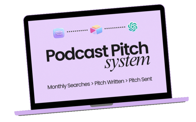 Laptop screen displaying a presentation slide about a podcast pitch system, with icons representing Spotify, a cube, and a logo at the top, and text about the process of monthly searches, pitch written, and pitch sent.