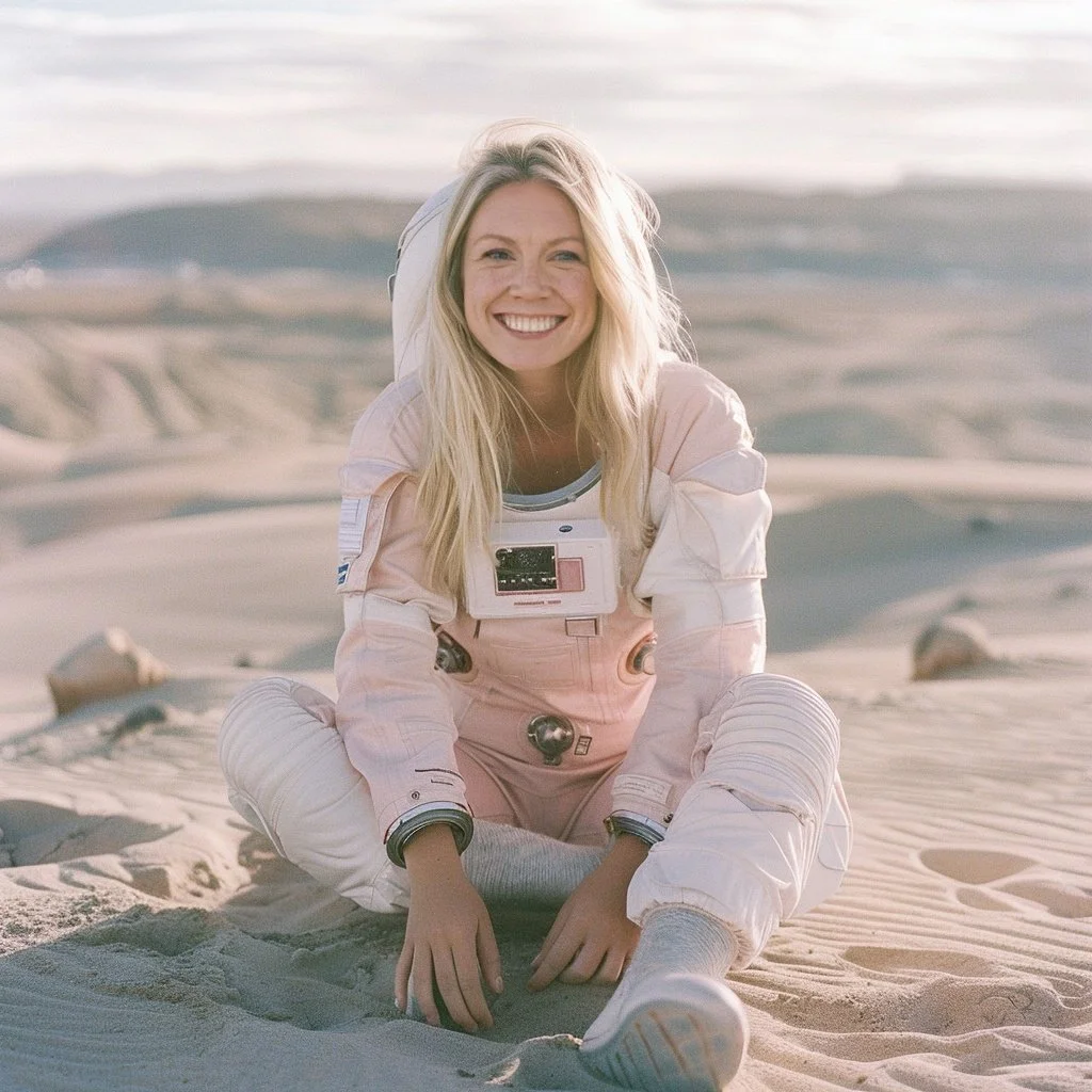A woman in a pink astronaut suit sitting on sand dunes in a desert, smiling at the camera.