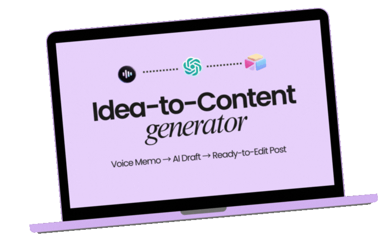 Laptop screen displaying an idea-to-content generator with icons and text about voice memo, AI draft, and ready-to-edit post.