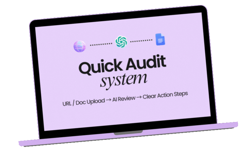 Laptop screen displaying a presentation slide titled 'Quick Audit System' with icons representing internet, a process, and document upload, and text explaining the audit process steps.
