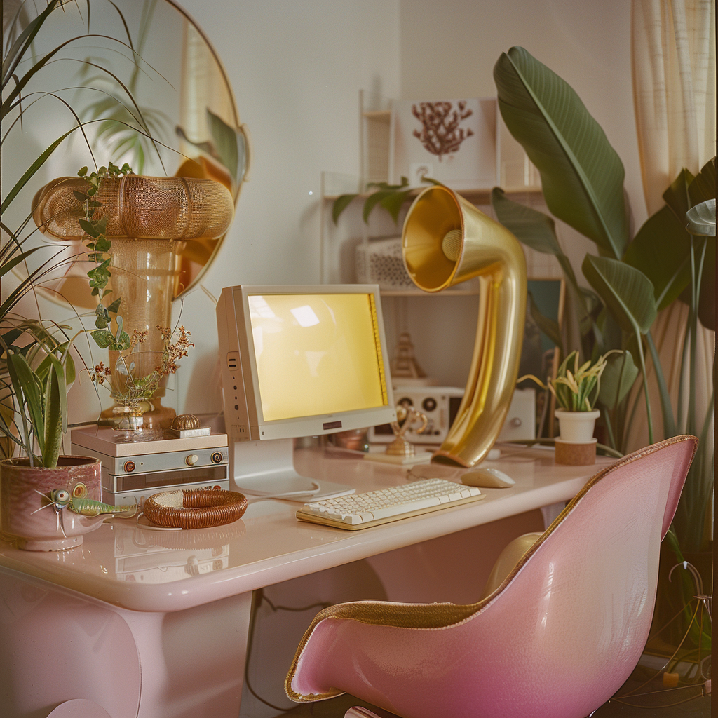 A pink desk with a vintage computer monitor, a white keyboard, and a gold-colored vintage megaphone-shaped lamp. The desk is decorated with potted plants, a mirror, and various decorative items, and is surrounded by large green indoor plants.