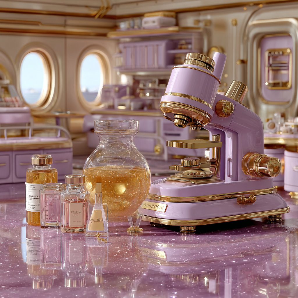 A luxurious, pastel purple and gold microscope sits on a shiny pink countertop surrounded by small bottles and jars, with a glamorous interior featuring rounded windows and gold accents in the background.