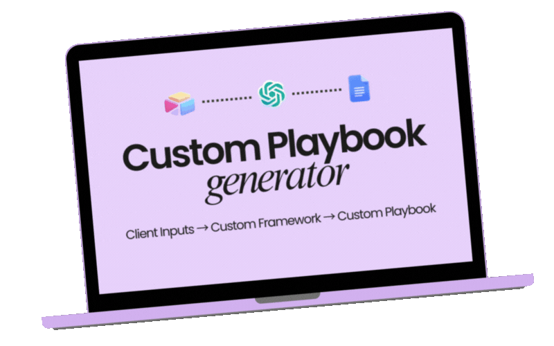 Laptop screen displaying a flowchart for creating a custom playbook, showing client inputs, custom framework, and custom playbook with icons for a 3D cube, a swirl, and a document.