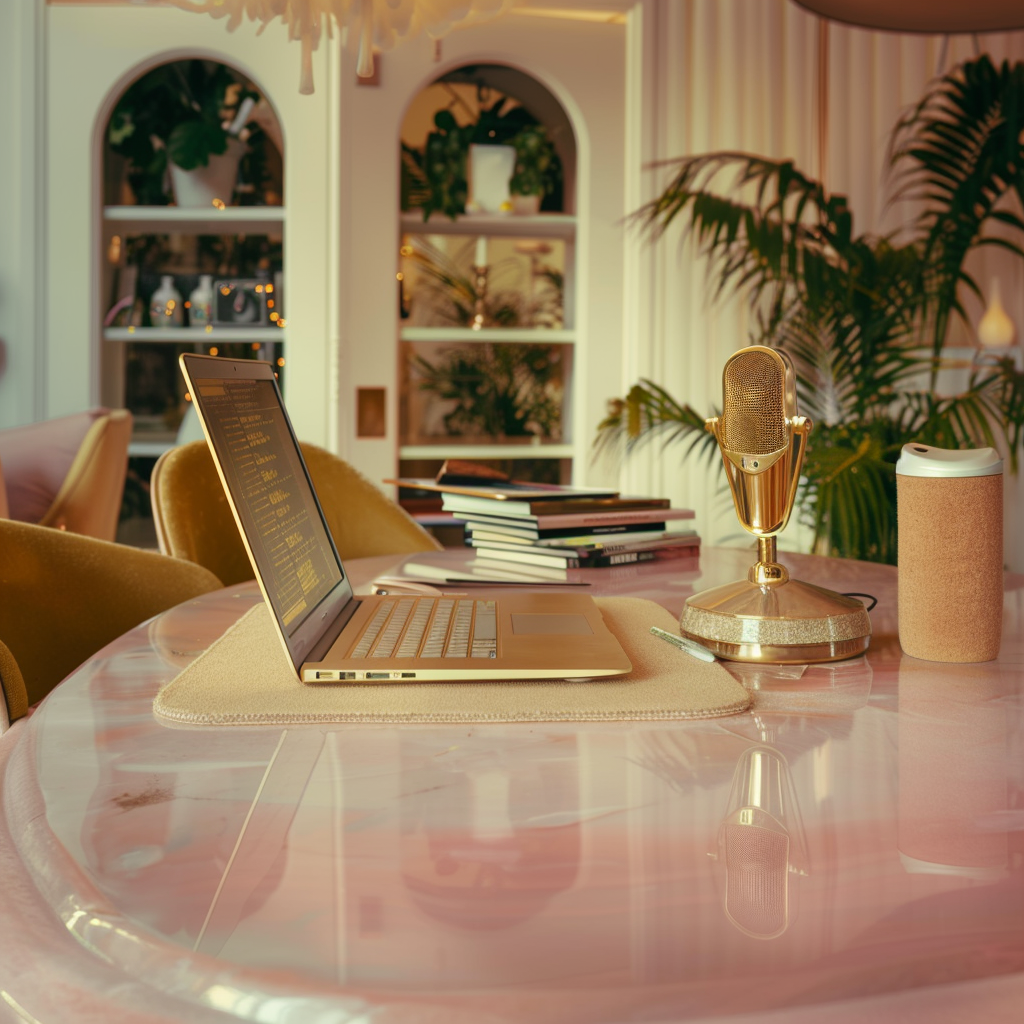 A pink marble table with a laptop, a gold microphone, a reusable tumbler, and a stack of books, set in a room with green plants and white arches.