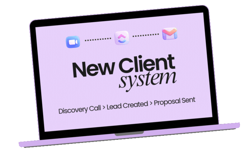 A laptop with a presentation slide titled "New Client system" showing a flowchart of communication and a process outline of discovery call, lead creation, and proposal sent.