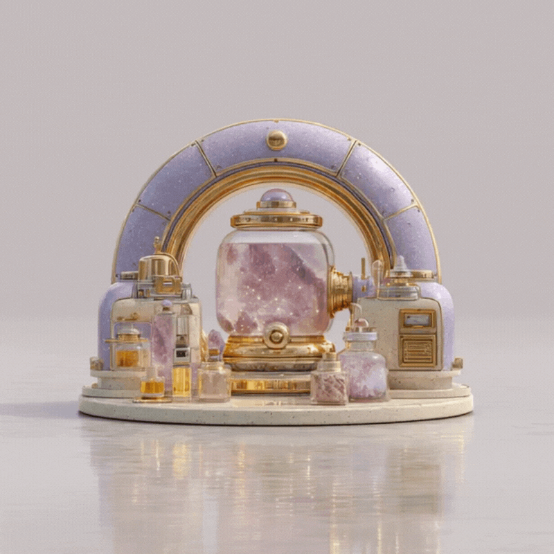 A sci-fi laboratory or machine center with purple and gold accents, contains a large jar filled with a pinkish substance, surrounded by various smaller containers and devices on a white surface.