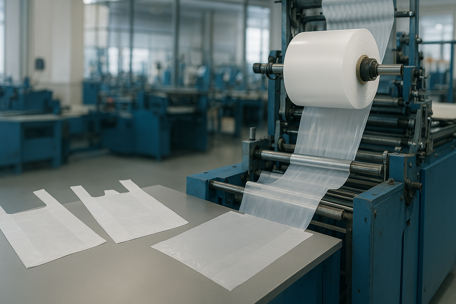 A manufacturing machine producing clear plastic bags in a factory setting, with used bags ready on a table.
