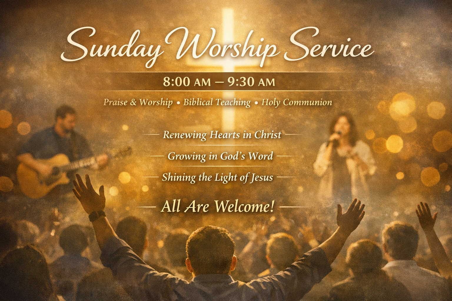 A church service announcement featuring a worship scene with a person raising hands in front of a congregation, with a woman singing and a man playing guitar in the background, over a warm, glowing background.