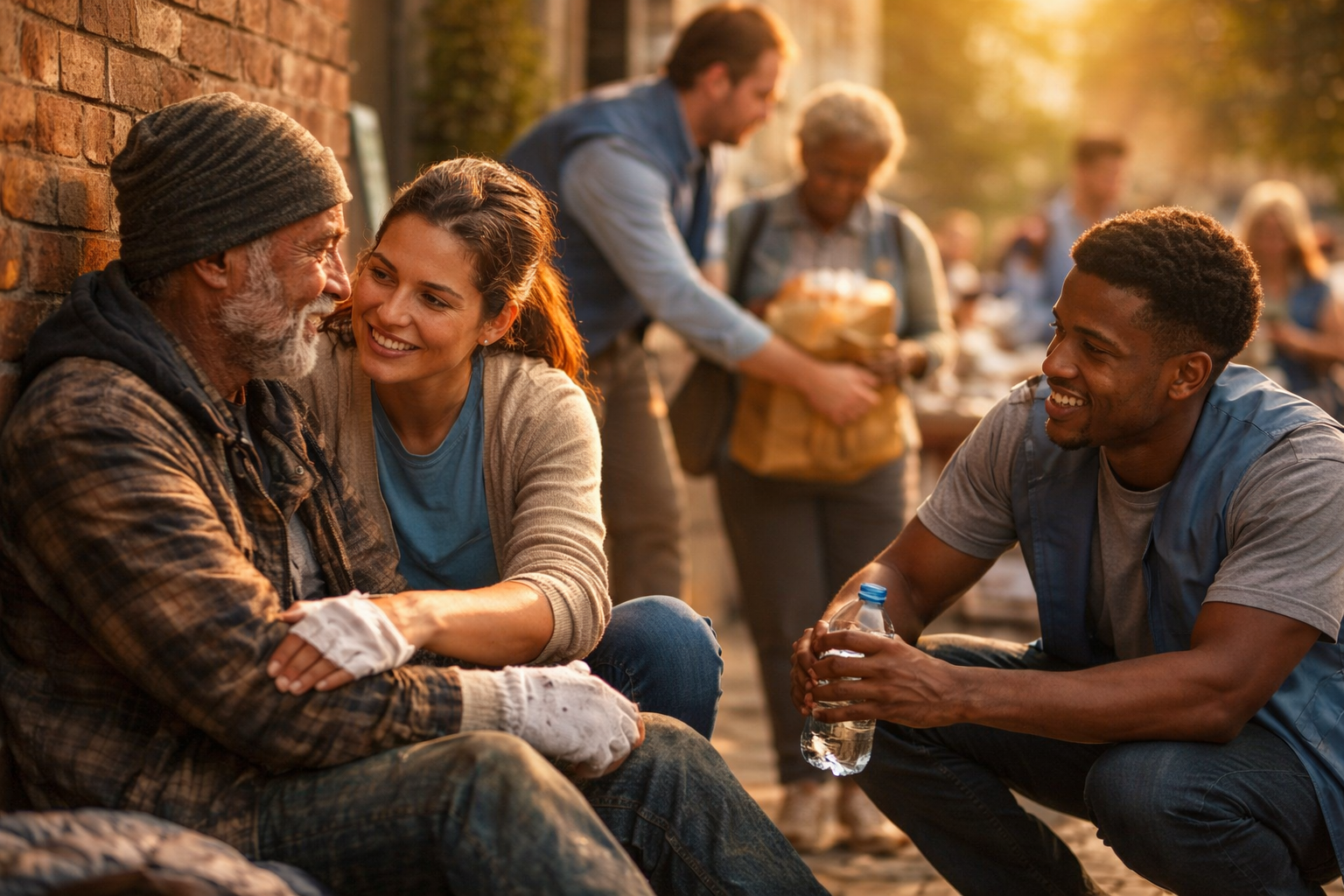 A group of people socializing outdoors during sunset, with two young adults kneeling and talking to an elderly man sitting on the ground, smiling, while a woman looks on. Others are in the background near a food stand.