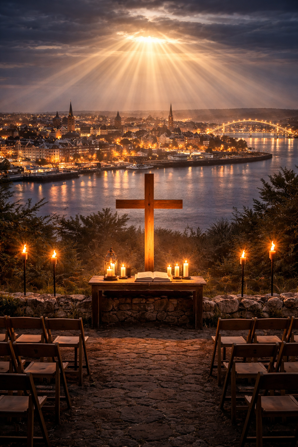 A religious outdoor altar with a wooden cross, candles, and an open Bible overlooking a city at dusk, with a river, illuminated bridge, and church spires under a cloudy sky with rays of sunlight.