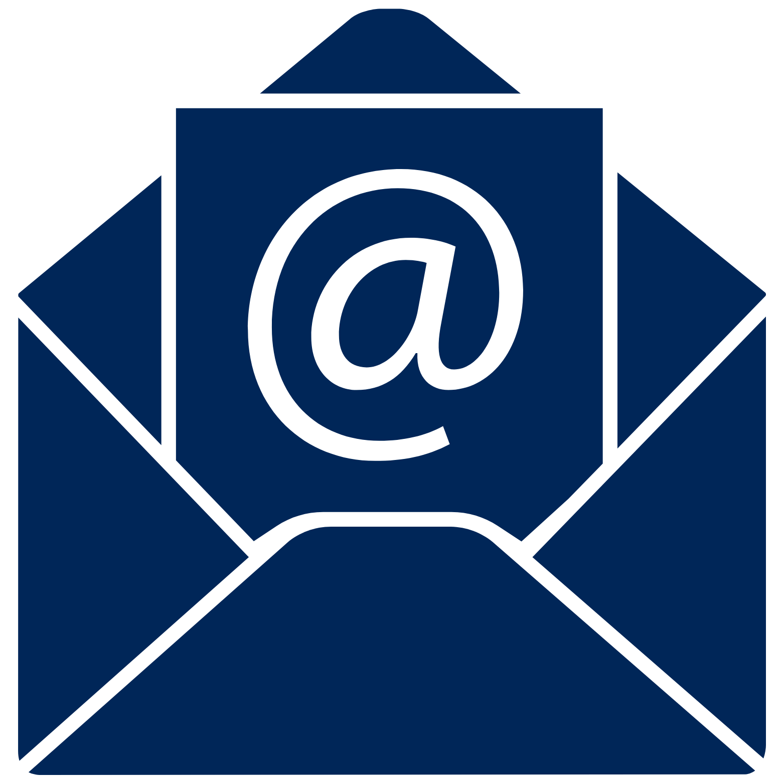A blue email envelope with a letter inside, showing an @ symbol on the letter.