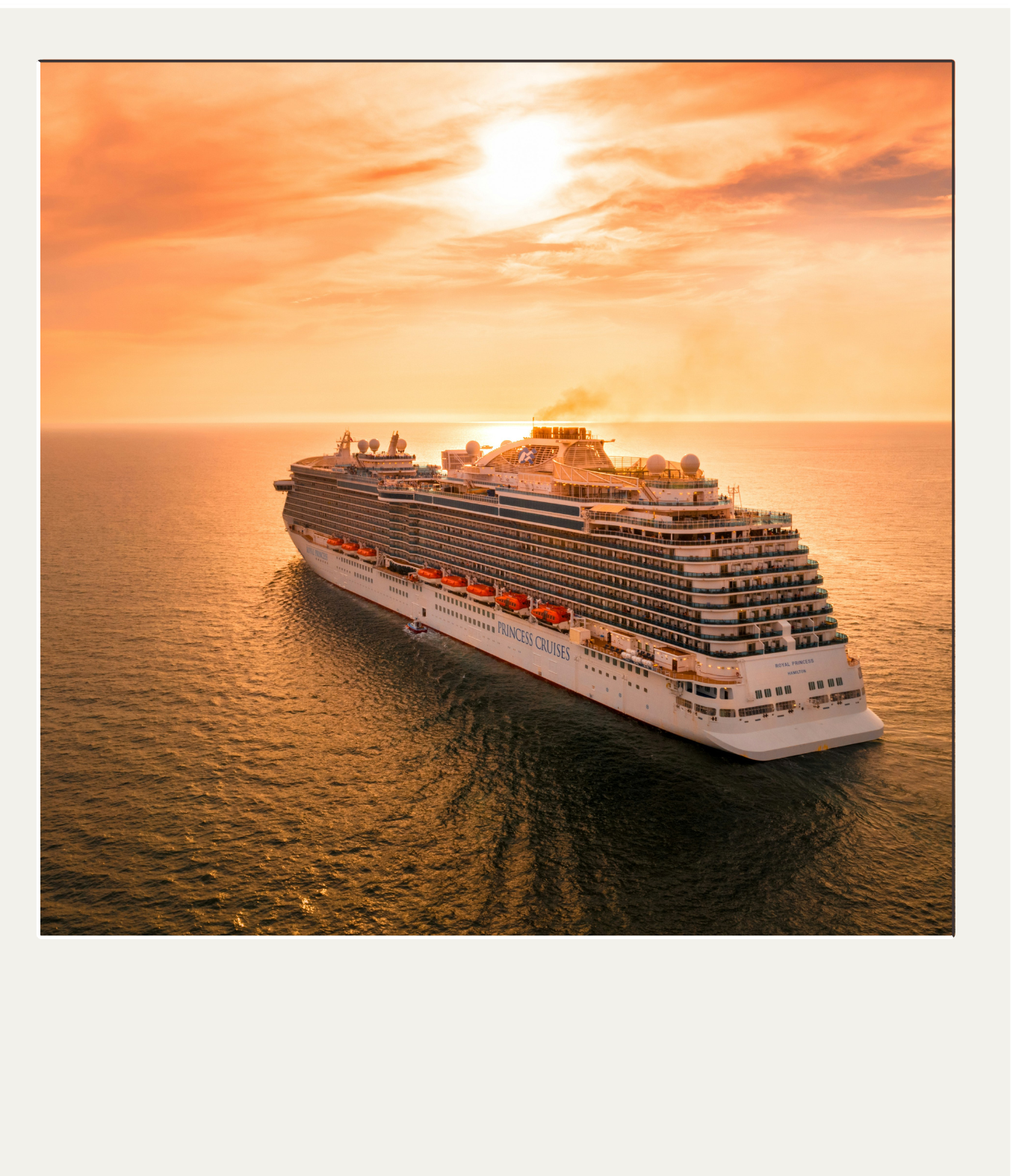 A large Princess Cruises ship sailing on calm ocean waters during sunset, with a colorful sky and the sun partially obscured by clouds.