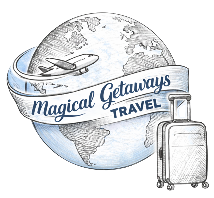 Illustration of a globe with a banner reading 'Magical Getaways Travel' wrapped around it, an airplane flying around the globe, and a rolling suitcase beside the globe.
