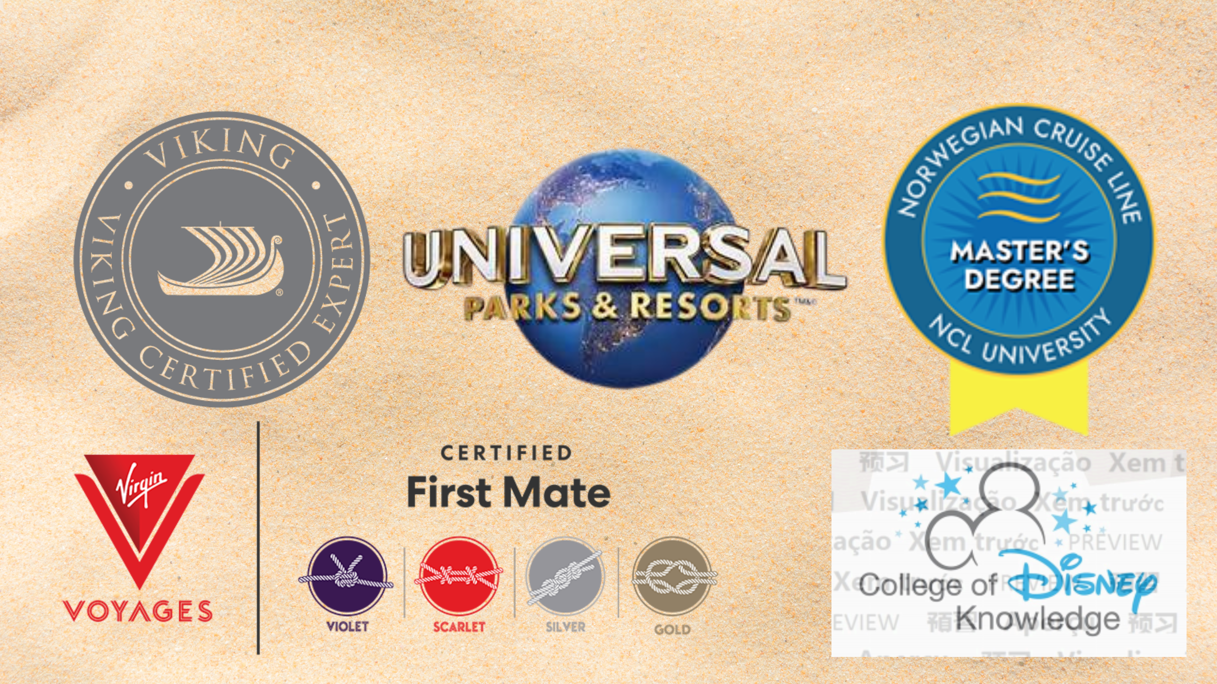 A certificate with multiple logos, including Viking Viking certified expert, Universal Parks & Resorts, NCL University Master’s Degree, Virgin Voyages, and Disney College of Knowledge, indicating various certifications and educational achievements.