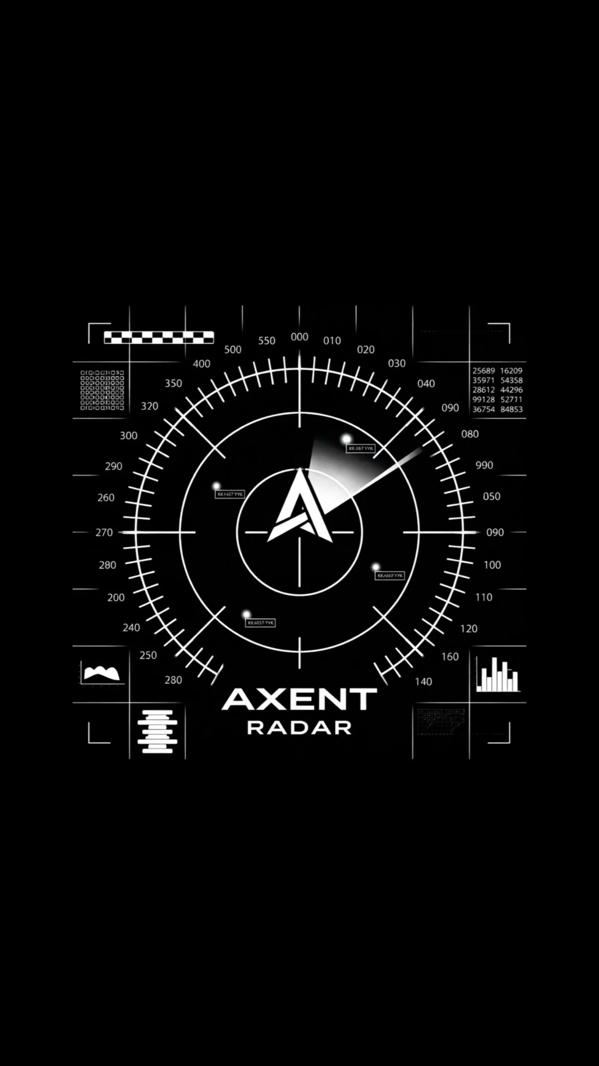 A futuristic radar screen display with the words 'AXENT RADAR' at the bottom, showing various data points, graphs, and icons