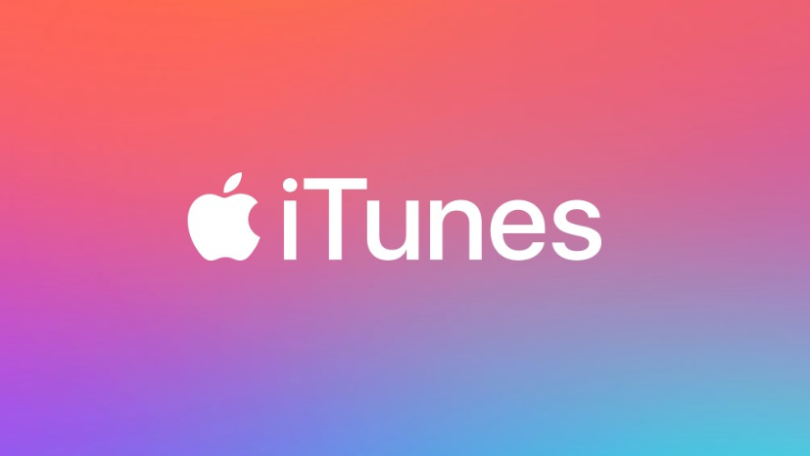 Apple logo and text 'iTunes' on a colorful gradient background.