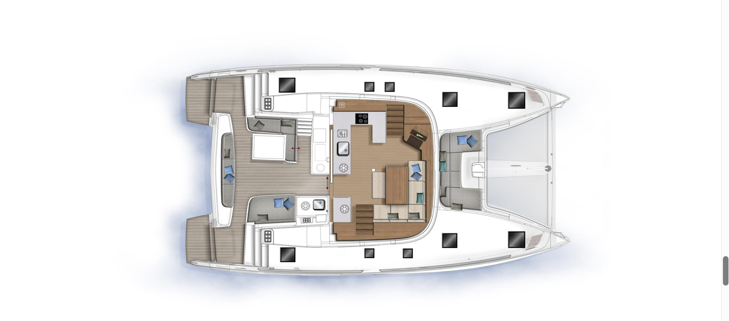 Top-down view of a yacht interior layout, showing multiple decks, living areas with sofas, a kitchen, and bedrooms with beds and pillows.