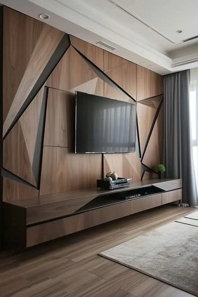 Modern living room with a wall-mounted flat-screen TV on a wooden geometric accent wall, a sleek wooden console underneath, a beige area rug, and floor-to-ceiling gray curtains by a large window.