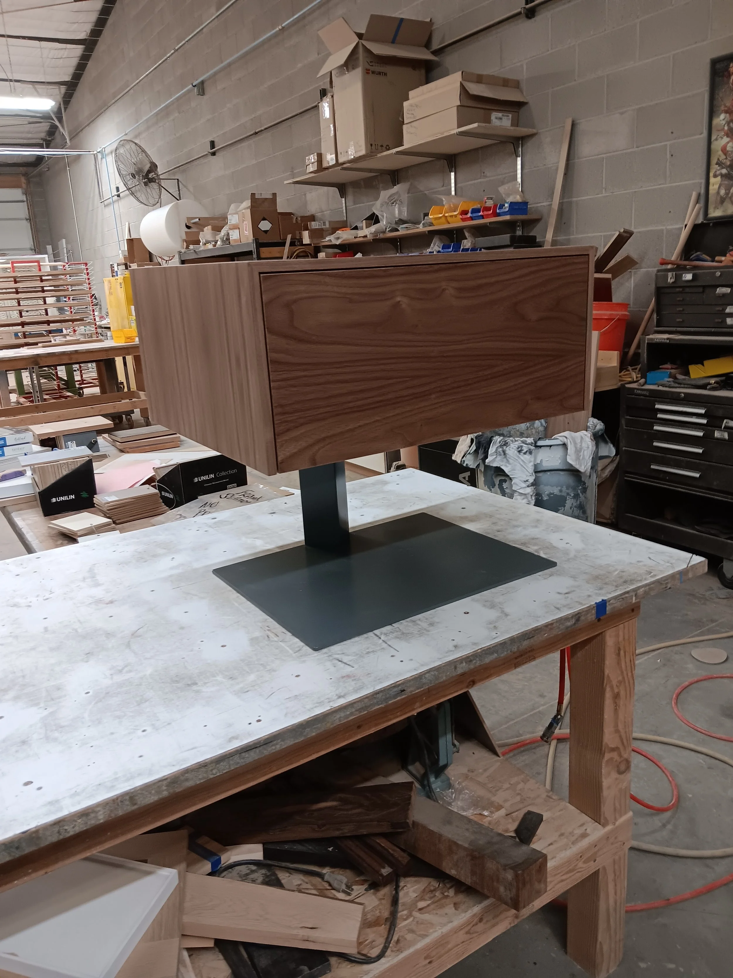 Luxury floating vanity with integrated LED under-lighting.