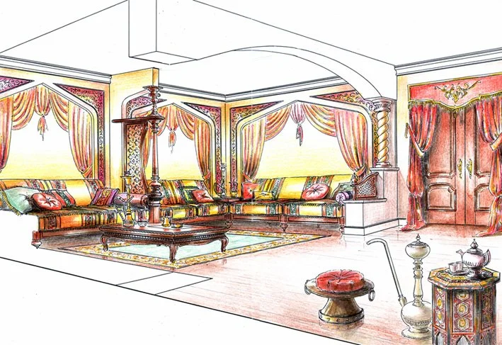 Illustration of an elegant living room with ornate curtains, colorful cushions, a coffee table, and vintage furniture.