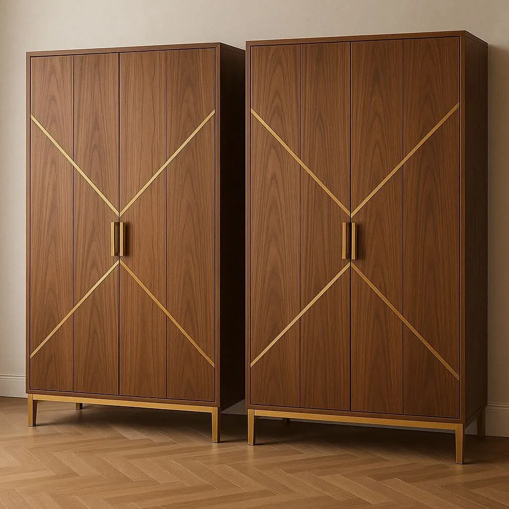 Two wooden wardrobes with gold accents and handles, standing on wooden floors against a beige wall.