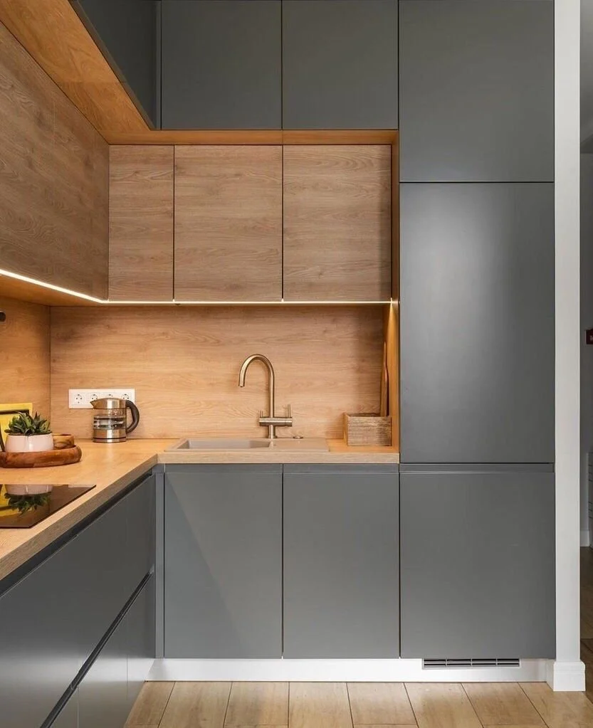 Modern kitchen with wooden and gray cabinets, a sink with a brass faucet, a small plant, a coffee machine, and an electric stovetop.