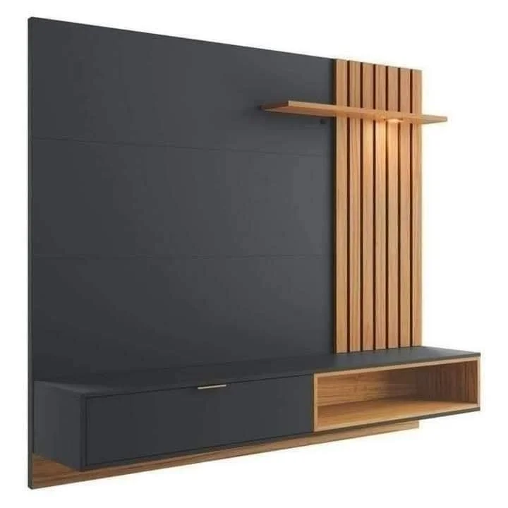 Modern wall-mounted storage unit with black panels, a wooden vertical slat accent, a horizontal wooden shelf, and a lower storage compartment with a black door and open wooden cubby.
