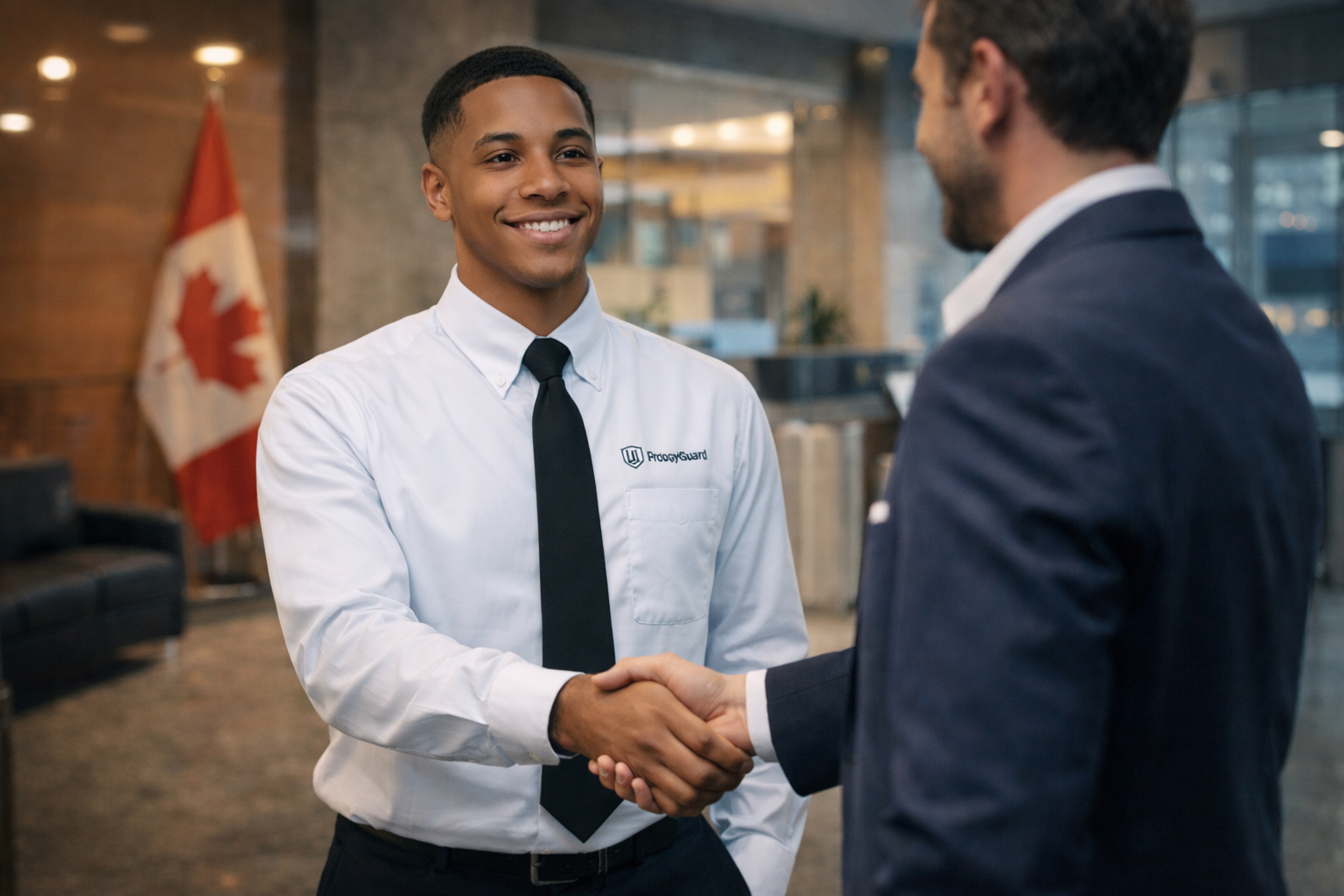 Two men shaking hands in an office lobby, one smiling, with a Canadian flag in the background.