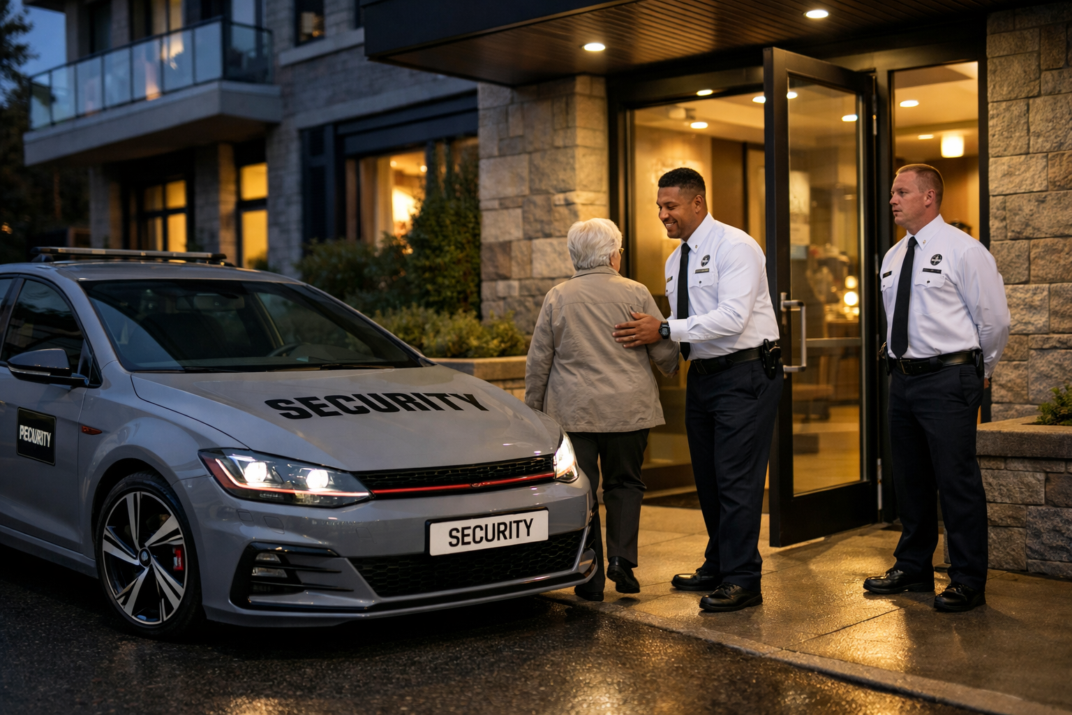 Two security guards and a woman engaging in a conversation outside a building at dusk, with a security vehicle parked nearby.