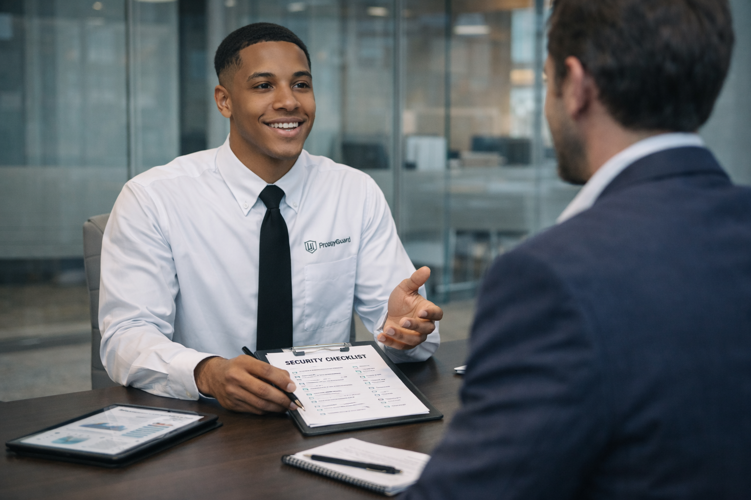 A young man in a white shirt and black tie, holding a security checklist, is sitting at a conference table and talking to a man in a navy blazer with a notepad and tablet on the table.
