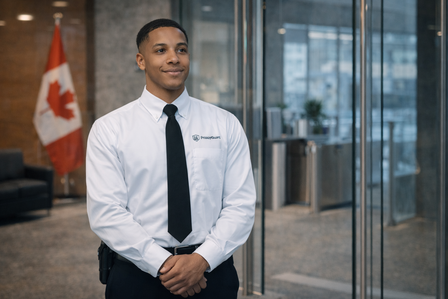 A young man dressed in a white shirt with a black tie and black pants standing in a modern office lobby with Canadian flag in the background.