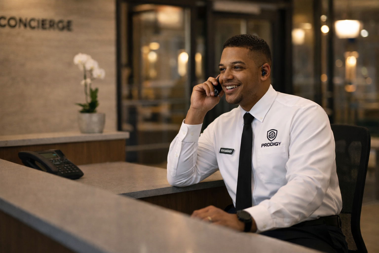A man in a white shirt and black tie working at a reception desk, smiling while talking on a phone.