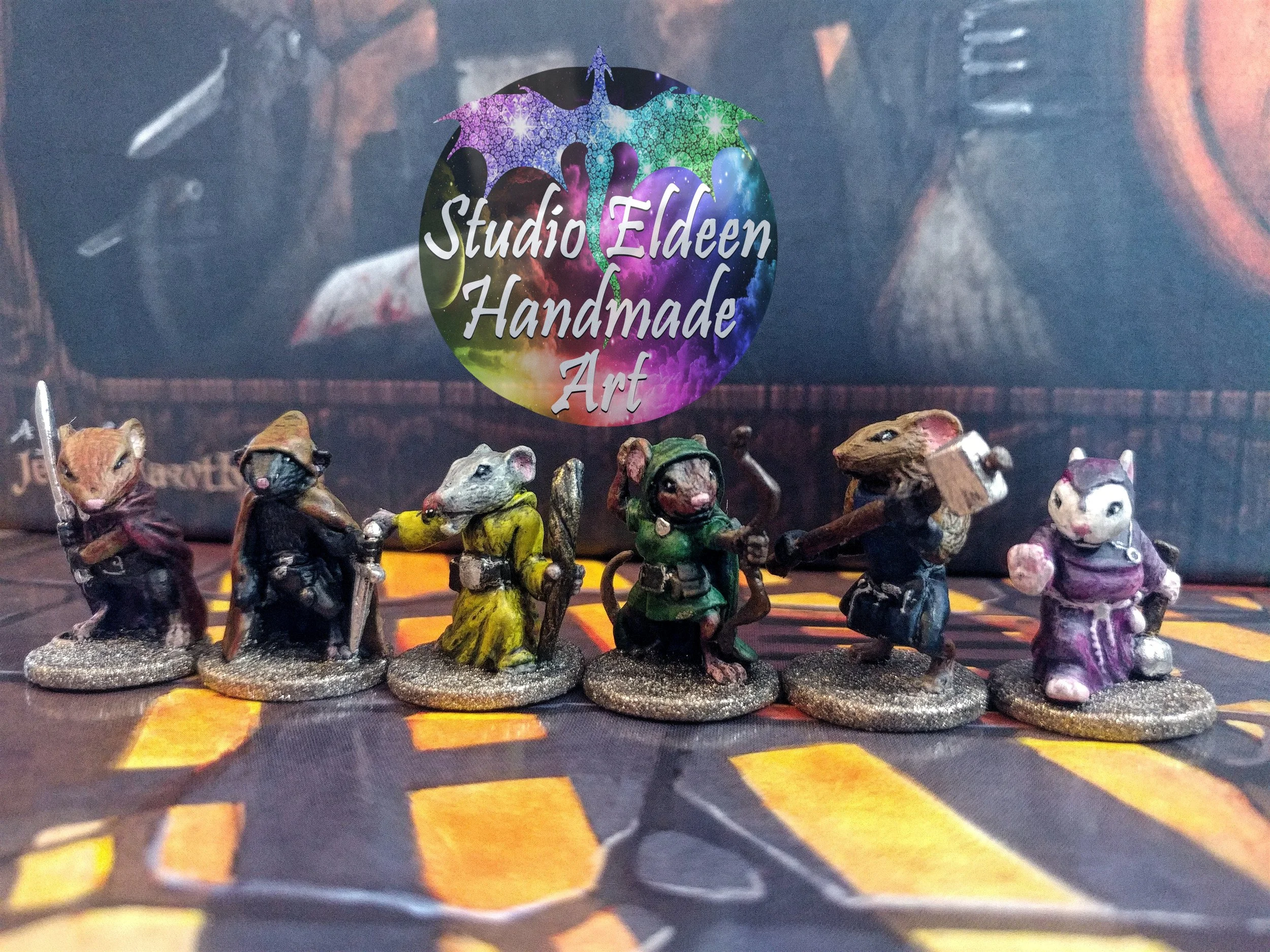 These figures are from a boardgame called Mice and Mystics. The miniatures come as bare, gray plastic. I really enjoyed bringing each of them to life.

In addition to standard acrylics, used a little bit of various nail polishes on each piece to get 