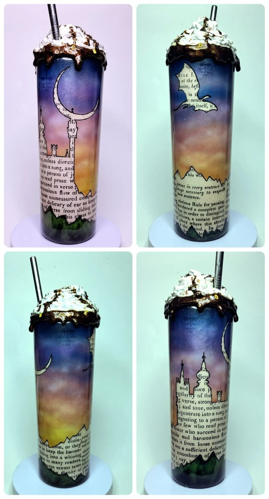 This customer is a librarian and wanted something fun to use at work.

I found the most dull "rules for reading" available on the public domain and put that behind the cutouts of the castle and flying dragon. I like how the dichotomy of high fantasy 