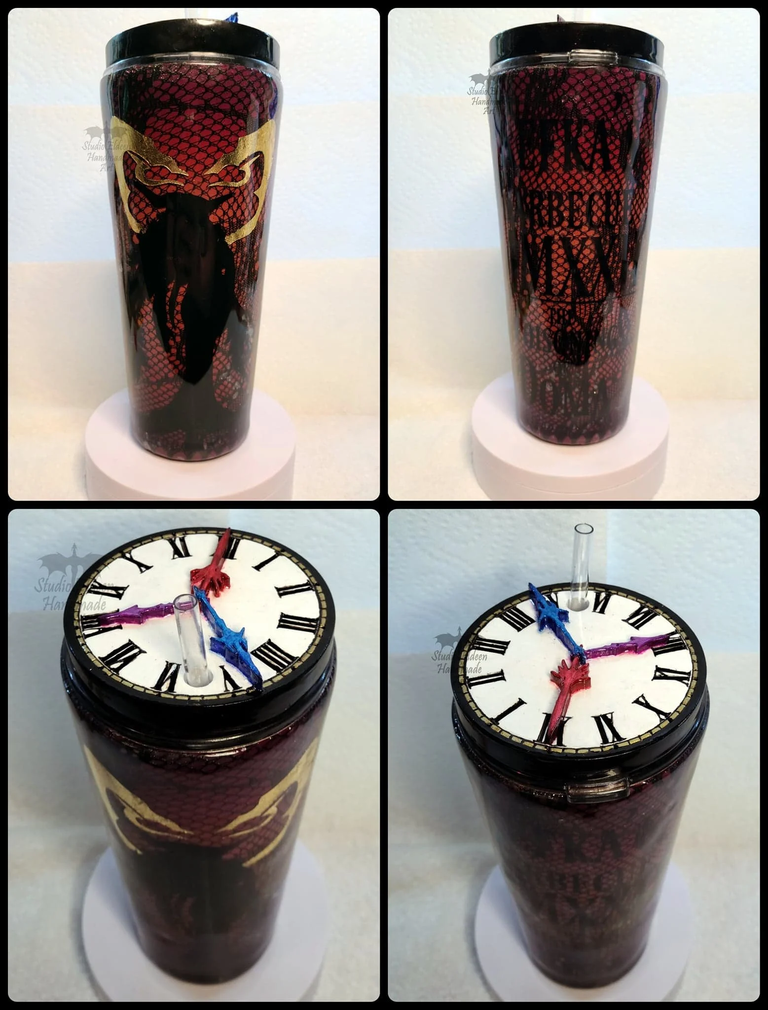 Number 4 of 4 of the Final Fantasy villain tumblers.

Another digitally-sculpted masterpiece by my hubby. He made the clock hands look like this villain's weapons! I used leafing foil on the weapons/hands to make them pop and sealed it with a thin co
