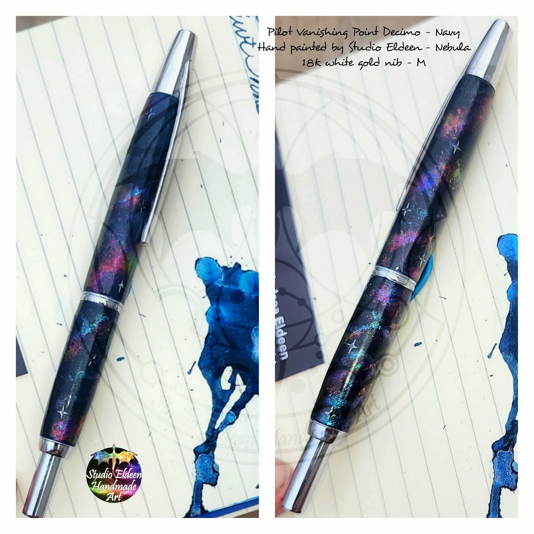 This navy Pilot Vanishing Point Decimo's paint job also required a Clipectomy. I did a nebulous/galaxy theme with multichromatic flakes, ultrafine glitter inks, and a few carefully placed star-shaped silver confetti's. I sealed everything in with UV 